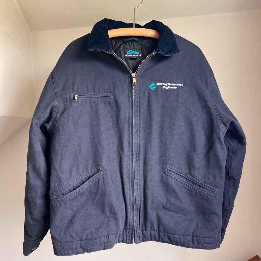 Tri-Mountain Canvas Work Jacket Large Navy Blue Corduroy Collar Quilted Lined